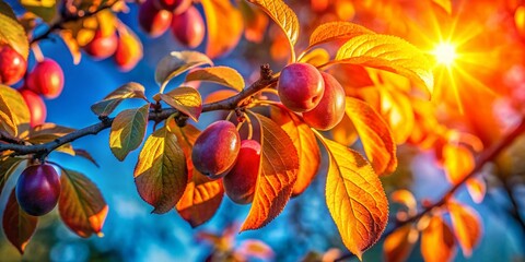 Wall Mural - Sunset Glowing on Young Plum Tree Leaves - Vibrant Spring Nature Photography