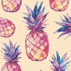 Poster - Colorful watercolor pineapple pattern on a light background perfect for summer decor and design projects. Generative AI