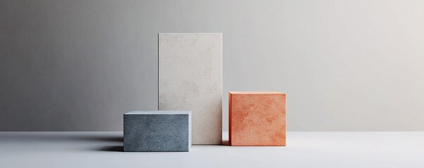 Poster - Minimalist empty stone podium displaying different colored cubes on white background