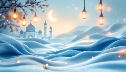 Serene Mosque Landscape:  Illuminated Lanterns and Moonlit Dunes