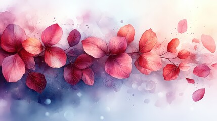 Wall Mural - Watercolor painting of red leaves on branches, with a soft, colorful background.