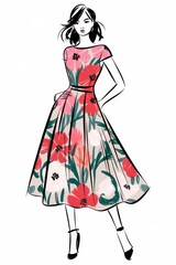 Wall Mural - Fashion illustration of a woman in a floral dress