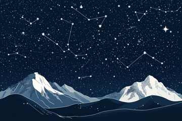 Poster - Bright constellations illuminating the night sky over majestic mountain peaks under a full moon. Generative AI