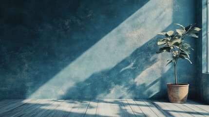 Wall Mural - Indoor Plant with Sunlight Shining on Textured Blue Wall