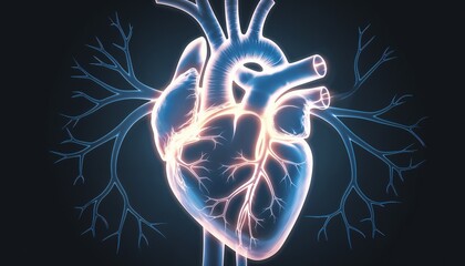 Glowing heart-shaped artery network symbolizing healthy blood flow and strength on a dark background