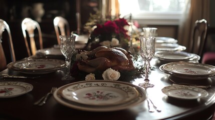 Wall Mural - Thanksgiving dining table with roast turkey and family heirloom dishes