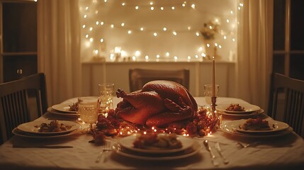 Wall Mural - Festive Thanksgiving dining table with roast turkey and string lights