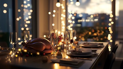 Wall Mural - Festive Thanksgiving dining table with roast turkey and string lights