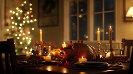 Wall Mural - Thanksgiving dining table with roast turkey and warm ambient lighting