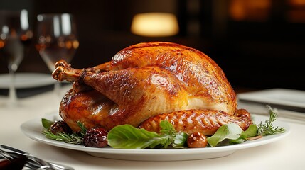 Wall Mural - Thanksgiving dining table with roast turkey and warm ambient lighting