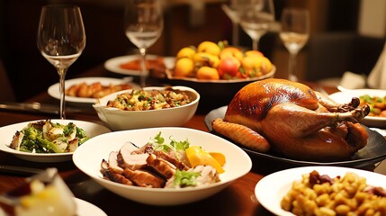 thanksgiving dining table with roast turkey and an array of side dishes