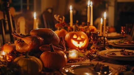Wall Mural - Thanksgiving dining table with roast turkey and carved pumpkins