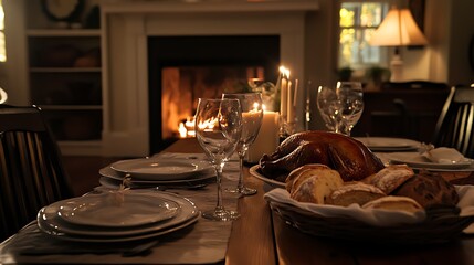 Wall Mural - Thanksgiving dining table with roast turkey and freshly baked bread