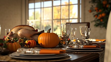 Wall Mural - Thanksgiving dining table with roast turkey and a pumpkin centerpiece