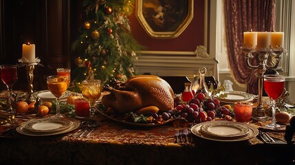 Wall Mural - Thanksgiving dining table with roast turkey and seasonal drinks