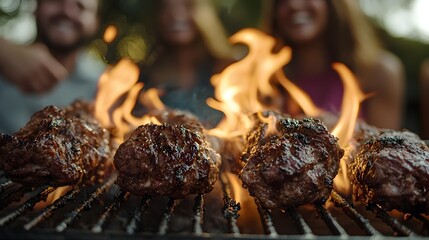 Wall Mural - Close up shot of juicy meat searing on a hot grill with licking flames set against a soft focused background of laughter and