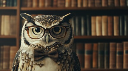 Leinwandbilder - Owl with glasses and a bow tie poses in front of an elegant bookshelf filled with classic literary works. Generative AI