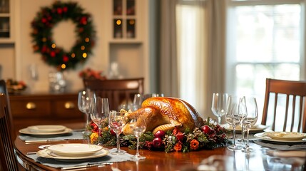 Wall Mural - Thanksgiving dining table with roast turkey and a Thanksgiving wreath on the wall