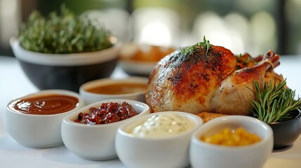Wall Mural - Thanksgiving dining table with roast turkey and a variety of traditional sauces