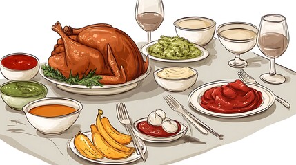 Wall Mural - Thanksgiving dining table with roast turkey and a variety of traditional sauces