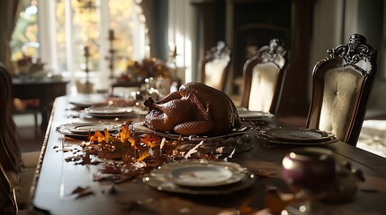 Wall Mural - Thanksgiving dining table with roast turkey and autumn leaves scattered on the table