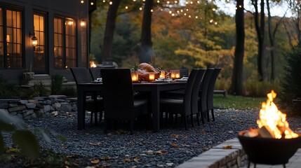 Wall Mural - Thanksgiving dining table with roast turkey and a glowing fire pit nearby