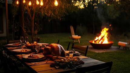 Wall Mural - Thanksgiving dining table with roast turkey and a glowing fire pit nearby