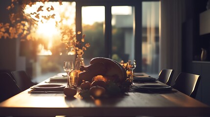 Wall Mural - Thanksgiving dining table with roast turkey and a minimalist fall decor