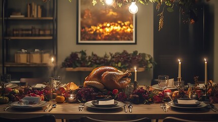 Wall Mural - Thanksgiving dining table with roast turkey and a lush autumn garland