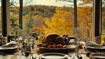 Wall Mural - Thanksgiving dining table with roast turkey and a view of the fall forest