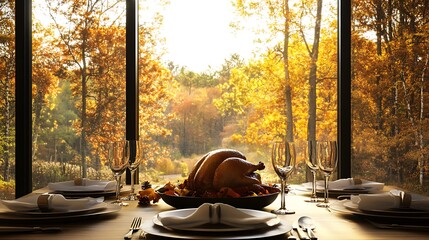 Wall Mural - Thanksgiving dining table with roast turkey and a view of the fall forest