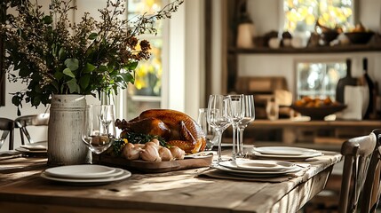 Wall Mural - Thanksgiving dining table with roast turkey and a rustic charm