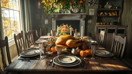 Wall Mural - Thanksgiving dining table with roast turkey and a rustic charm