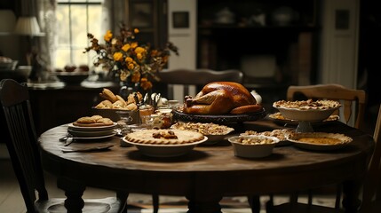 Wall Mural - Thanksgiving dining table with roast turkey and an assortment of Thanksgiving pies