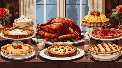 Wall Mural - Thanksgiving dining table with roast turkey and an assortment of Thanksgiving pies