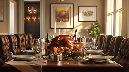 Wall Mural - Thanksgiving dining table with roast turkey and a classic autumnal theme