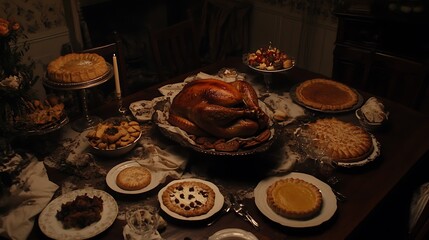 Wall Mural - Thanksgiving dining table with roast turkey and an assortment of Thanksgiving pies
