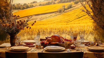 Wall Mural - Thanksgiving dining table with roast turkey and a backdrop of golden fields