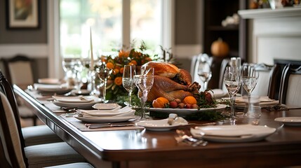 Wall Mural - Thanksgiving dining table with roast turkey and a touch of elegance