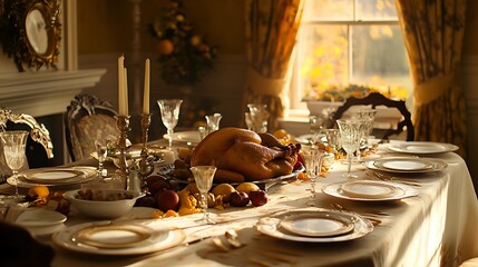 Wall Mural - Thanksgiving dining table with roast turkey and a touch of elegance