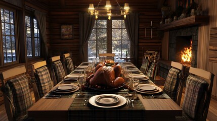Wall Mural - Thanksgiving dining table with roast turkey and a cozy cabin setting