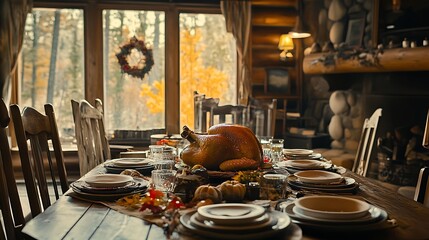 Wall Mural - Thanksgiving dining table with roast turkey and a cozy cabin setting