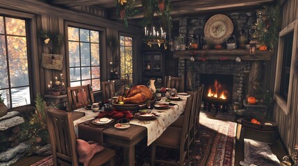 Wall Mural - Thanksgiving dining table with roast turkey and a cozy cabin setting