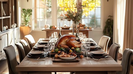 Wall Mural - Thanksgiving dining table with roast turkey and an inviting country-style ambiance