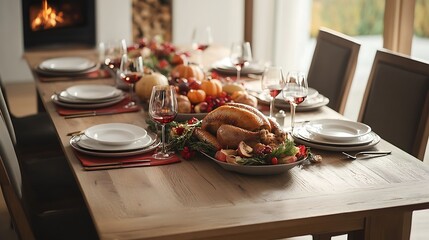 Wall Mural - Thanksgiving dining table with roast turkey and a festive holiday look