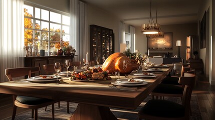 Wall Mural - Thanksgiving dining table with roast turkey and a festive holiday look