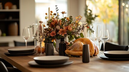 Wall Mural - Thanksgiving dining table with roast turkey and a fall-themed centerpiece