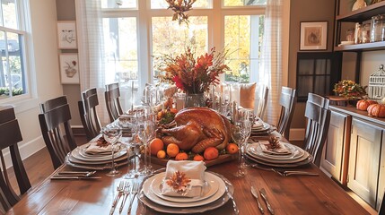 Wall Mural - Thanksgiving dining table with roast turkey and a fall-themed centerpiece