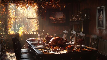 Wall Mural - Thanksgiving dining table with roast turkey and a homely and warm vibe