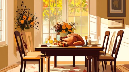 Wall Mural - Thanksgiving dining table with roast turkey and a homely and warm vibe